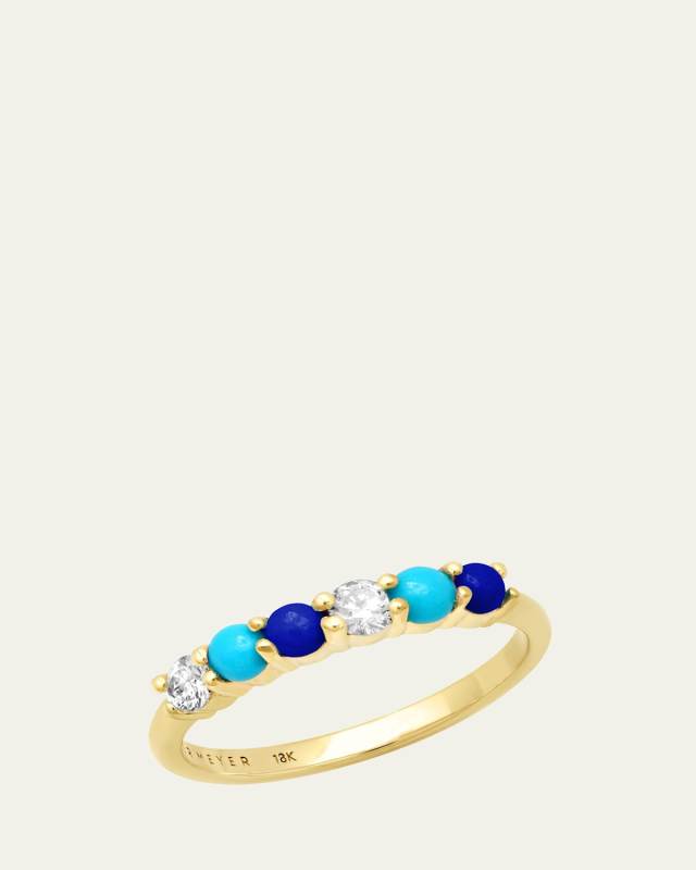 18K Yellow Gold Four-Prong Ring with Diamonds, Lapis and Turquoise